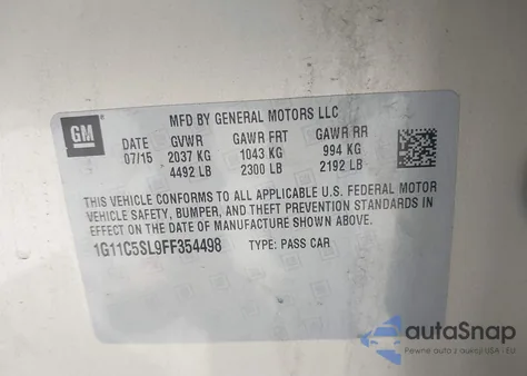 2015 Chevrolet Malibu 1Lt z USA, uszkodzony, nr VIN 1G11C5SL9FF354498